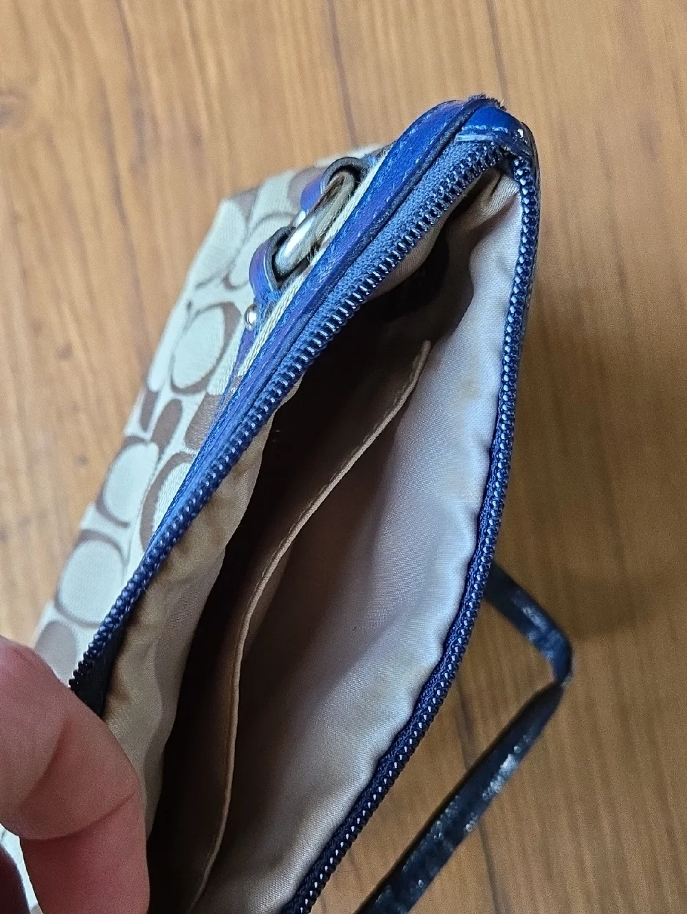 Coach Beige Signature Canvas Wristlet with Blue Trim